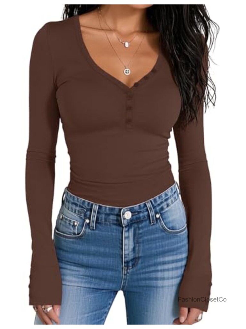 Women's Long Sleeve Henley Shirt V-Neck Slim Fit Button Down Top